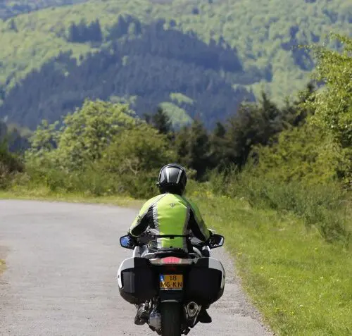 Motorrijder op een landelijke weg door het groene Pfälzerwald – motorreis Pfälzerwald