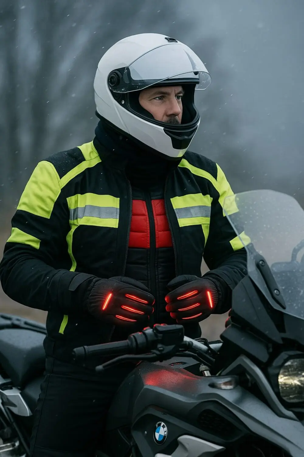 Motorrijder in winterkleding met reflecterende jas, verwarmde handschoenen en nekwarmer op een BMW motor, klaar voor een koude rit.