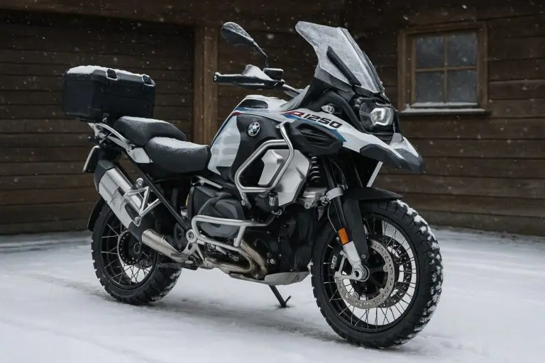 BMW R1250 GSA motorfiets in de sneeuw voor een houten garage, klaar voor de winterstalling