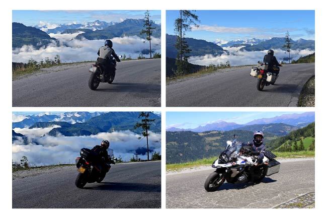 Collage van de Unrevealed Alps motorreis door Oostenrijk met bergpassen, motorrijders en panoramische Alpenlandschappen